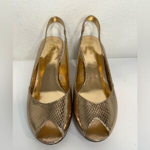 BCBG Paris Gold Textured Snakeskin Slingback Heels 7.5 GUC